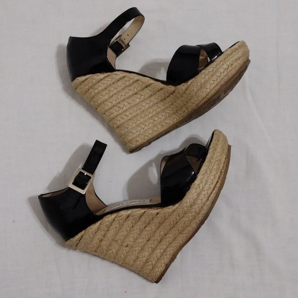 Jimmy Choo Designer Paisley Patent Leather Wedge Sandals Ankle Strap US 6 Chic